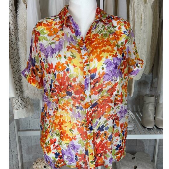 Apparenza Tops - Apparenza Women's Size 1X Multicolor Floral Sheer Button Up Blouse #0388